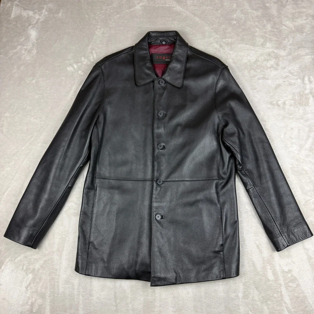 VTG Rogue Pebbled Leather Jacket Mens M Black Lined Car Coat Heavyweight 90s